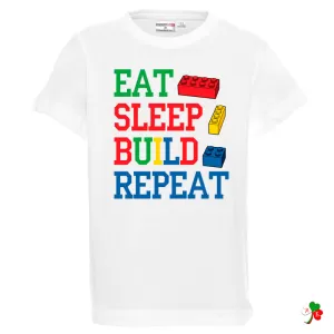 Бяла детска тениска- Лего- Eat-Sleep-Biuld-Repead