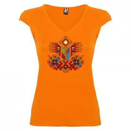 оранжева Дамска тениска  с мотиви на шевици - Дървото на живота