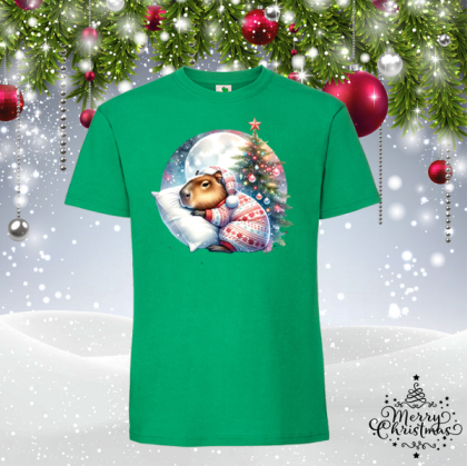 Забавна зелена коледна тениска-  Капибара