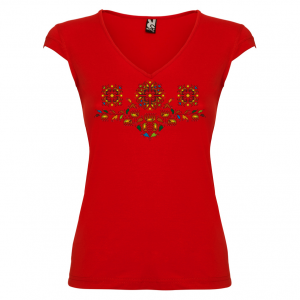 червена Дамска тениска  с мотиви на шевици - Букет елбетици