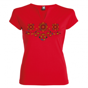 червена Висококачествена дамска тениска с мотиви на шевици- Букет Елбетици