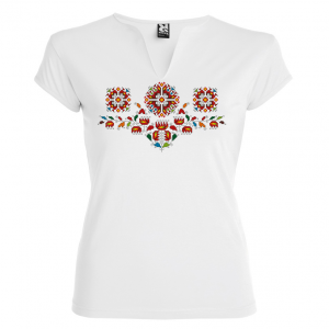 бяла Висококачествена дамска тениска с мотиви на шевици- Букет Елбетици