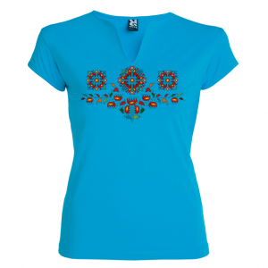 синя Висококачествена дамска тениска с мотиви на шевици- Букет Елбетици
