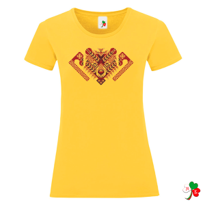 Цветни дамски тениски с народни мотиви на шевици - Болен здрав носи
